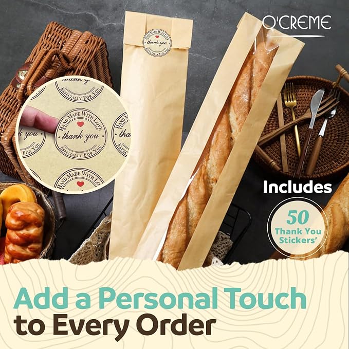 O’Creme 50 Pack Baguette Brown Paper Bag w/Clear Front Window, Bakery Storage Bags for Homemade and Long French Bread (23”x4”) Includes 50pcs Seal Stickers - Image 8