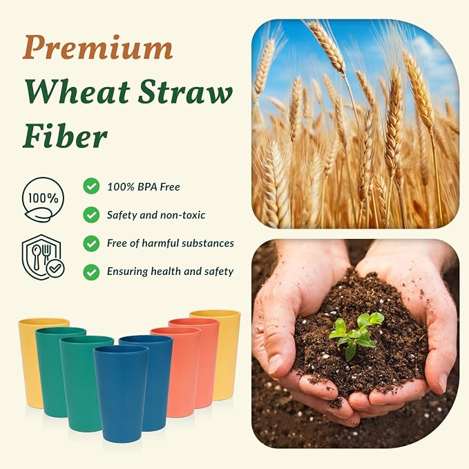 Homienly Reusable Plastic Cups - Wheat Straw Unbreakable Drinking Glasses & Water Glasses | Multi-Color Stackable Plastic Cups, Dishwasher Safe | Glassware & Cup Sets for Kitchen (20 oz 8-Pack) - Image 4