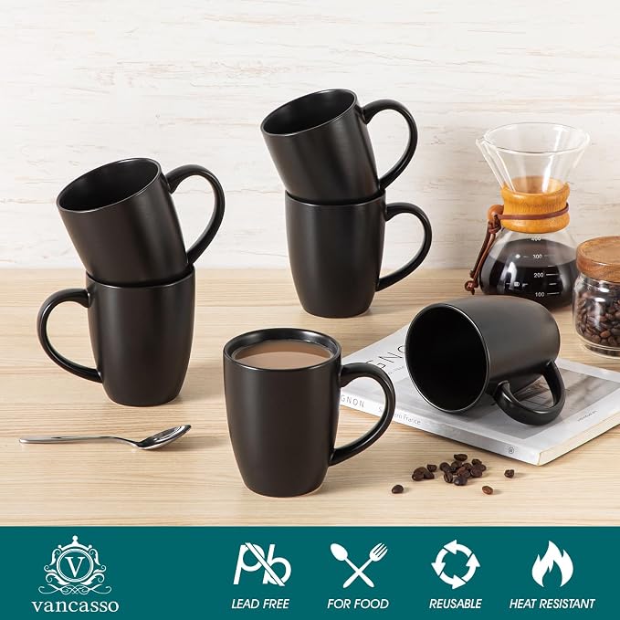vancasso PLAYA Ceramic Coffee Mug Set of 6, 16 Oz Tea Cups with Handle for Latte, Tea, Cappuccino, Milk, Cocoa, Microwave&Dishwasher Safe, Black - Image 3