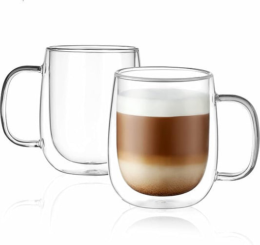 CNGLASS Glass Coffee Mugs 12oz,Double Wall Insulated Mug Set with Handle,Clear Glass Espresso Mugs for Latte,Cappuccino,Tea Bag,Hot and Cold Beverages,Set of 2