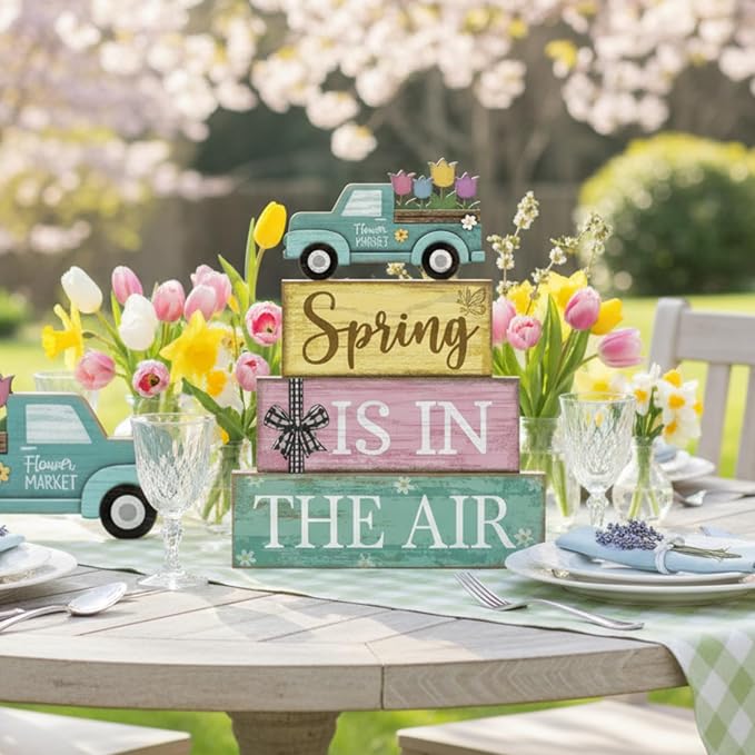 Moucuny 4 Pcs Spring Table Decor Wooden Blue Truck Decoration Flower Centerpiece Spring Tiered Tray Decor Decorative Colorful Flower Block Signs Gift Farmhouse Decoration for Home Kitchen - Image 4