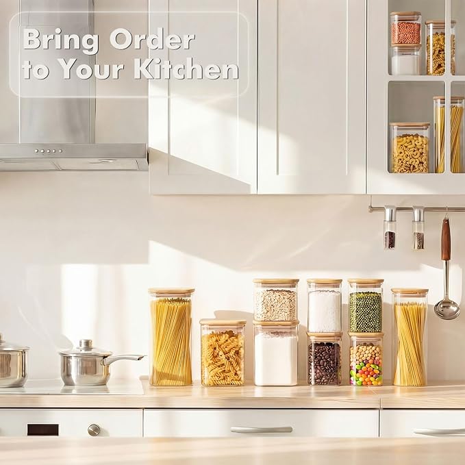 4-Pack 1.2Qt Square Glass Storage Jars with Bamboo Lids | Minimalist Kitchen Organizer,Pantry Storage Container,Food Storage Container,Scandinavian Style Storage,Nordic Style Storage - Image 6