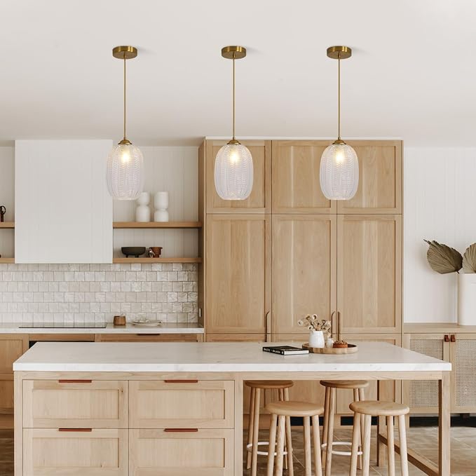 KCO Lighting Clear Glass Globe Pendant Light Ribbed Ceiling Light Brass Pendant Lights Kitchen Island Mid Century Modern Ceiling Hanging Light Gold Single Pendant Light - Image 4