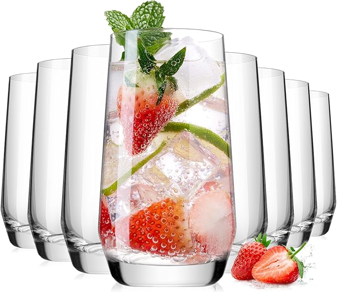 Drinking Water Glass Cups Set,Crystal Clear tall Glass cups set of 8,16.2oz | Unique Design Highball Clear Glassware for Cocktail Parties, Family Dinners Glass Cups by LUNAMANTHA