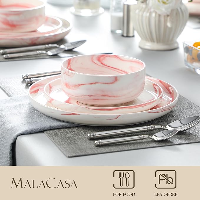 MALACASA 12 Pcs Porcelain Plates and Bowls Sets,Dinnerware Set for 4,Pink | Modern Ceramic Dishware Set,Kitchen Dining Ware,Microwave and Dishwasher Safe,Unique Marble Pink Design,Series LUNA - Image 3