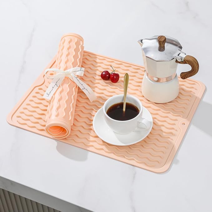 CAKETIME 2 Pack Silicone Dish Drying Mat for Kitchen Counter Waterproof Place mats Sink Protector Stove Top Organizer Appliance Storage Vanity Trays Dryer Rack Drainers Items 15"x11.5" Beige - Image 2