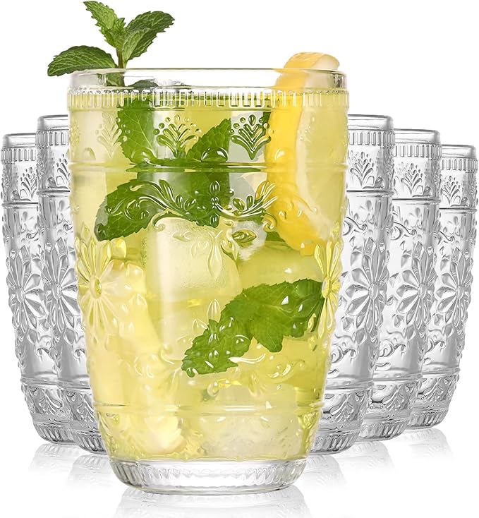 abrwyy Clear Glasses Drinking Set, 14oz Water Glasses, Vintage Glassware | Dishwasher Safe, Non-Slip, Lead-Free Glass, Home Decoration by abrwyy