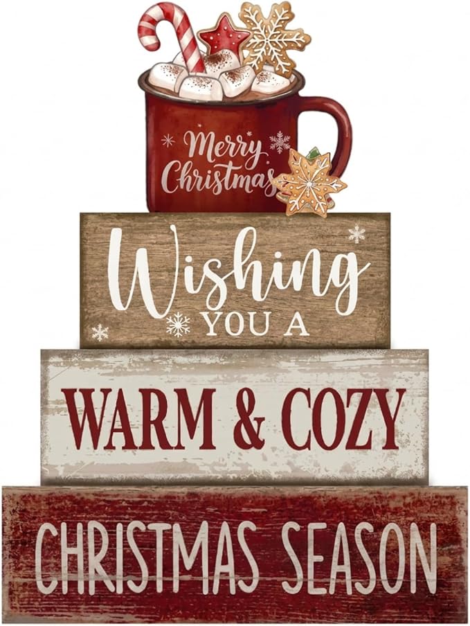 Moucuny 4 Pcs Christmas Table Decor Wooden Hot Chocolate Cocoa Tiered Tray Decoration– “wishing You a Warm & Cozy Christmas” Wooden Sign with Mug & Marshmallow, Winter Centerpiece for Home Office Gift by Moucuny