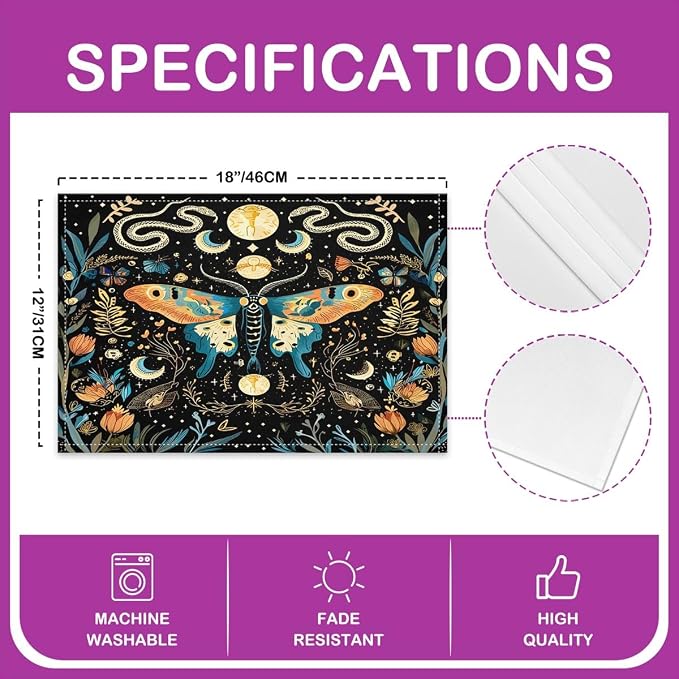 Feelyou Bohemian Moth Placemats Set of 4 18"x12" Boho Exotic Butterfly Placemat for Kitchen Dining Table Decor Indoor Outdoor for Kids Teens Adults Sun Moon Table Place Mats, Galaxy Floral Botanical - Image 4
