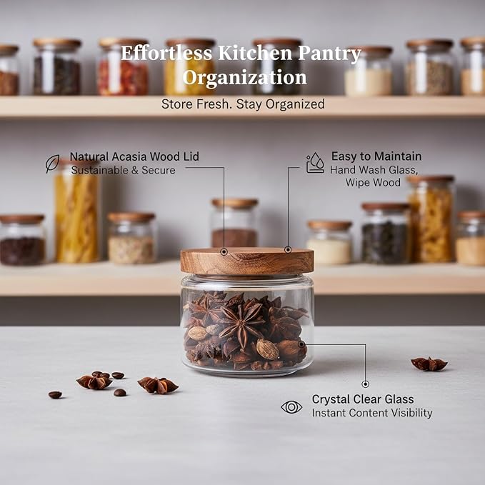 Clear Glass Storage Jars with Acacia Wood Lids for Pantry Organization - Dry Food Containers for Kitchen Countertops - Image 5