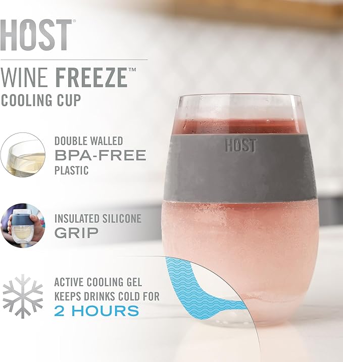 HOST Cooling Cup Set of 4 Plastic Double Wall Insulated Freezable Drink Chilling Tumbler with Freezing Gel, Wine Glasses for Red and White Wine, 8.5 oz, Assorted Colors