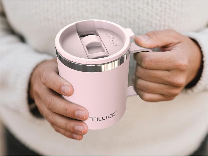 TILUCK 12 oz Insulated Coffee Mug with Lid and Handle | BPA-Free Lid, Double-Wall Vacuum Insulation, Stainless Steel Coffee Cup, Dishwasher Safe Mug for Hot & Cold Drinks, LightPink - Image 4