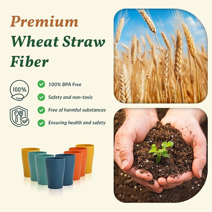 Homienly Stackable Drinking Glasses Set Wheat Straw Shatterproof Cups | Unbreakable Kitchen Cups for Kids & Adults | Reusable, Dishwasher Safe for Party, Outdoor (8 oz, Small) - Image 4