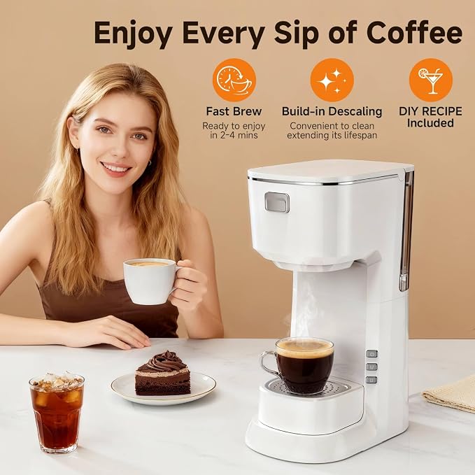 Coffee Maker, Single Serve Brewer for K Pods & Ground-White | 2 in 1, 6-24oz and 2-4 Mins Rapid Brew, Compact Coffee Machine for Kitchen Office RV Camping - Image 6
