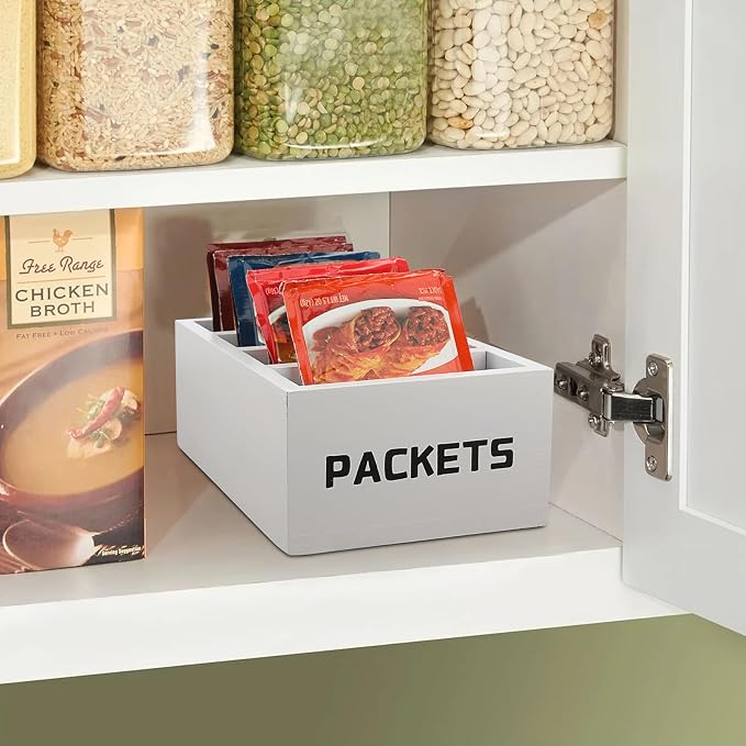BSTKEY Seasoning Packet Organizer, Food Packet Storage Organizer with 4 Compartments, White Wooden Storage Caddy for Kitchen Pantry Cabinet, Farmhouse Kitchen Organization Bins for Snack Spice Packets - Image 6