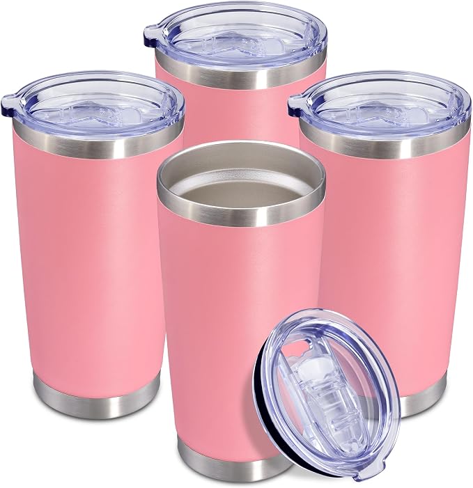 20oz Tumbler Insulated Coffee Tumblers with Lid Stainless Steel Pink 4P | 20 oz Tumblers Double Wall Insulated Vacuum 20oz Coffee Mug Leak Proof Tumblers with Lid Powder Coated - Pink 4 Pack by AEPDTD
