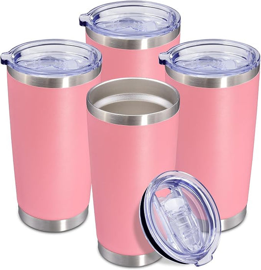 20oz Tumbler Insulated Coffee Tumblers with Lid Stainless Steel Pink 4P | 20 oz Tumblers Double Wall Insulated Vacuum 20oz Coffee Mug Leak Proof Tumblers with Lid Powder Coated - Pink 4 Pack by AEPDTD