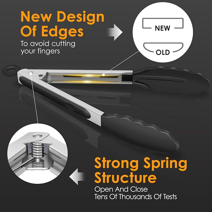 HOTEC Premium Kitchen Tongs, 7 & 9 Inch, Stainless Steel, Black, Set of 2 | Silicone Tips, Durable Spring Locking Mechanism, Non-Scratch & Heat Resistant, For Salad, BBQ, Serving - Image 6