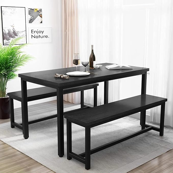 Recaceik Dining Table Set for 4 Kitchen Dining Room Set with 2 Dinner Benches, Farmhouse Breakfast Table for Apartment Small Space, Easy Assembly - Image 3