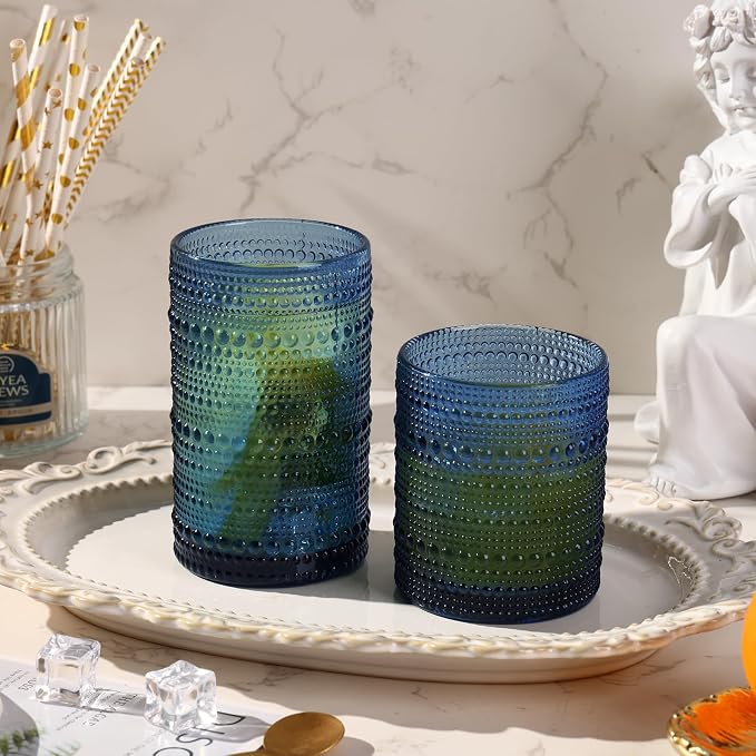 Moretoes Blue Hobnail Drinking Glasses Set of 16,Glass Cups | 12 Oz Highball Glasses & 10 Oz Cocktail Glasses, Kitchen Bar Tumbler Glassware Set for Whiskey, Beer, Juice, Milk - Image 2