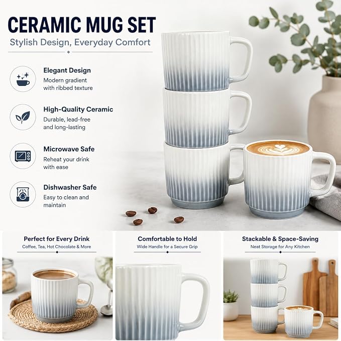 8 oz Stackable Coffee Mugs Set of 4, Ceramic Coffee Mug Cappuccino Cups | Coffee Cup for Hot Drinks, Latte, Cocoa & Tea, Coffee Mug for Home & Office Use, Birthday Gift for Coffee Lovers, Grey - Image 3