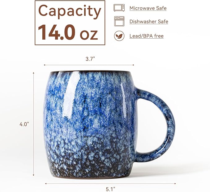 Sakura Blue Reactive Glaze Ceramic Coffee Mug - 14 oz Unique Mug with Ergonomic Handle, Large Ceramic Mug for Coffee, Tea, Milk - Great Birthday Gift for Women, Men, Friends, Home & Office Use - Image 3