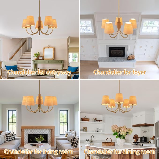 Boho Rattan Chandelier with Fabric Shade, Antique Gold Brass Farmhouse Chandeliers, 5-Lights Coastal Gold Pendant Light Fixtures for Dining Room Kitchen Island Living Room Hemp Rope - Image 6