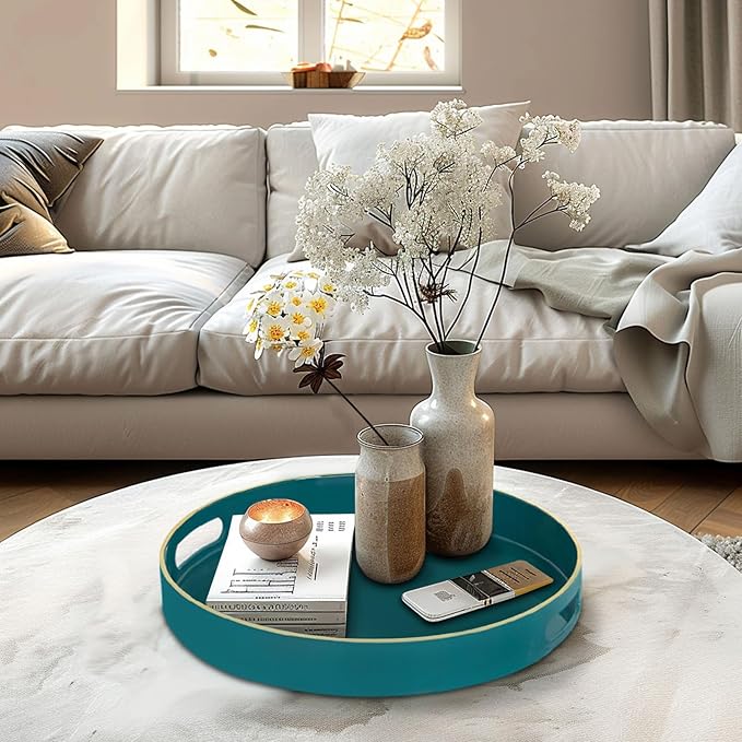 MAONAME 13" Teal Decorative Tray, Plastic Round Serving Tray with Handles | Green Decorative Tray for Coffee Table, Modern Ottoman Tray, Circle Tea Tray, Round Melamine Tray for Living Room, Bathroom - Image 5