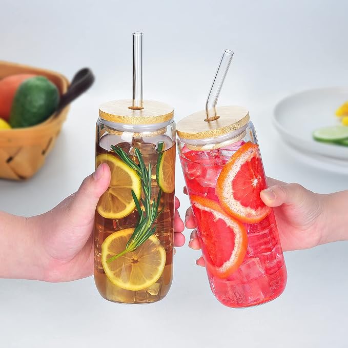 20 Oz Drinking Glasses - 6 Pcs Glass Cups with Bamboo Lids and Straws | Food-grade durable clear tumbler, Coffee bar accessories, Aesthetic gift, For beer, Iced tea, Include 2 cleaning brushes - Image 4