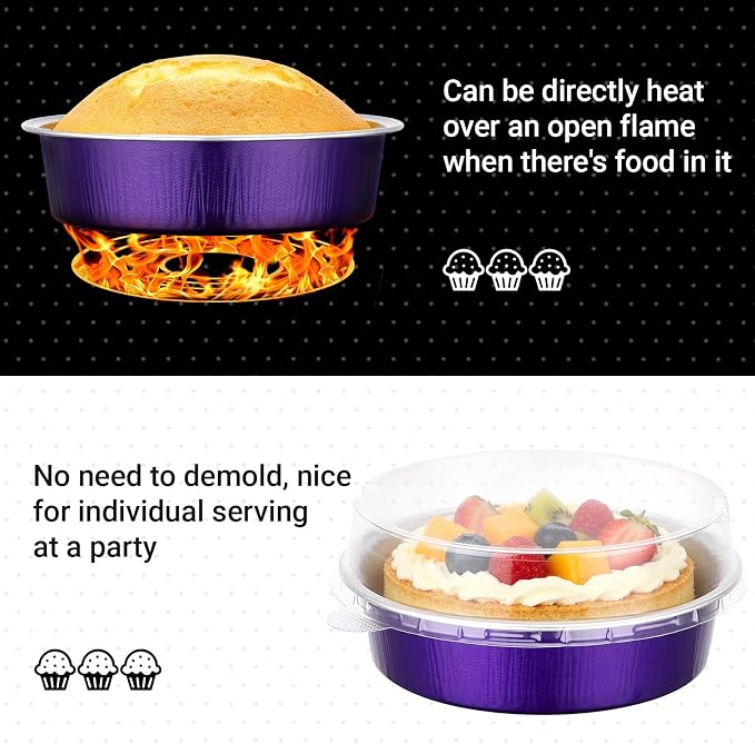 Beasea 7.3oz Cheesecake Pan with Lids, 20 Pack 4 Inch Round Aluminum Foil Disposable Tart Tins, Cupcake Container with Lids Mini Pie Tart Pans Baking Cups For Pizza Quiche - Violet Purple - Image 3