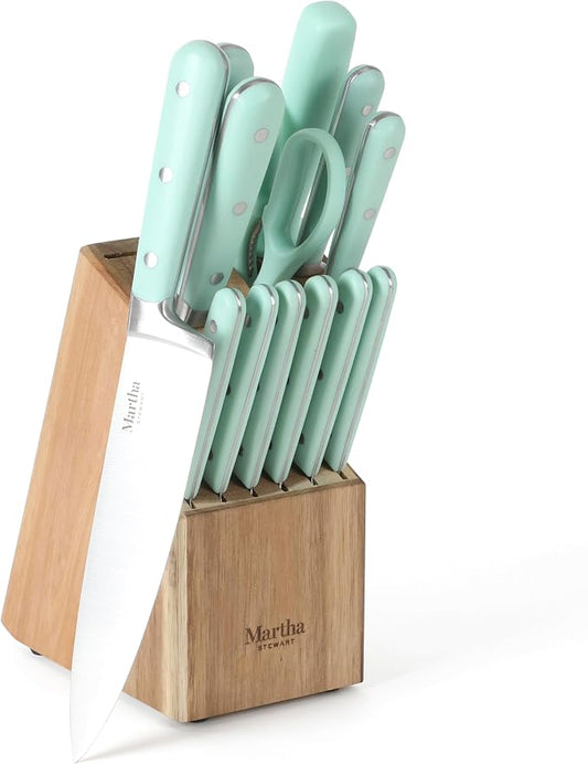 MARTHA STEWART Eastwalk 14 Piece High Carbon Stainless Steel Cutlery Knife Block Set w/ABS Triple Riveted Forged Handle Acacia Wood Block - Martha Blue by MarthaStewart