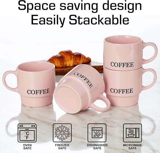Signature Housewares Stackable Coffee Mug Tower Set with Metal Wire Rack - 15 Ounce Coffee Mugs for Coffee, Tea, Cocoa, Milk, Cappuccino, Hot Chocolate Set of 4 - Pink Coffee - Image 5