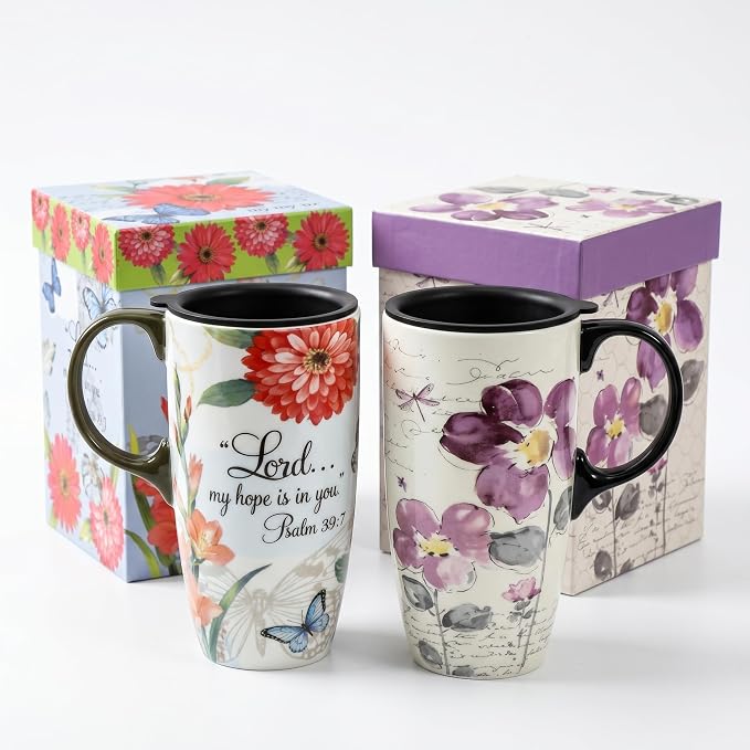 Topadorn 2 Pack Ceramic Travel Mugs with Lids, 17oz Christian Coffee Mug | Coffee Mug Set with Bible Verse & Floral Design, Microwave & Dishwasher Safe Gift Set by Topadorn