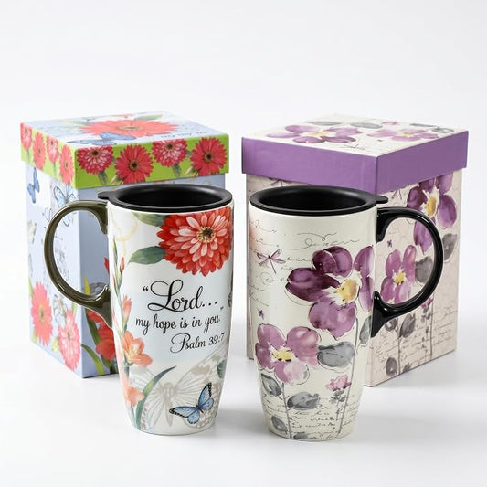 Topadorn 2 Pack Ceramic Travel Mugs with Lids, 17oz Christian Coffee Mug | Coffee Mug Set with Bible Verse & Floral Design, Microwave & Dishwasher Safe Gift Set by Topadorn