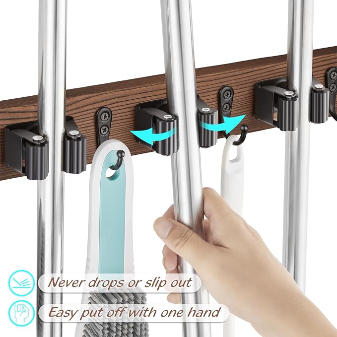 OUTNILI 2 Pack Mop Broom Holder Wall Mount with 3 Slots & 4 Hooks - Rustic Wood Broom Mop Hanger for Pantry Kitchen Organization - Garden Tool Organizer for Closet Laundry Room - Image 2