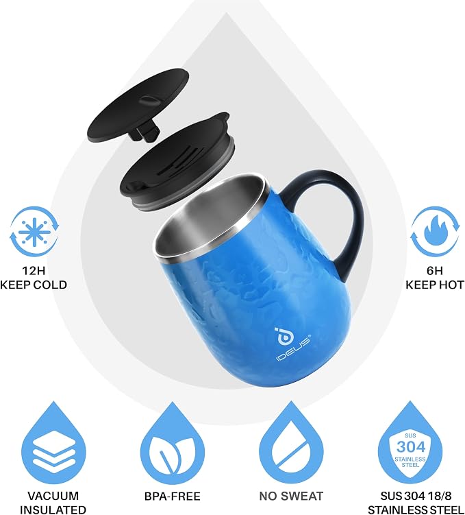 Ideus 16 oz (470 ml) Insulated Coffee Mug with Handle and Lid, Double Wall Stainless Steel Vacuum Thermal Coffee Mug, Travel Coffee Cup Thermal Cup for Home and Office (Leopard Blue) - Image 2