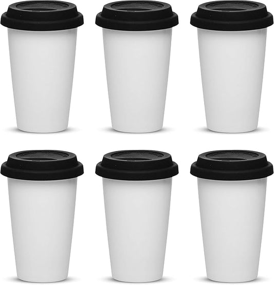 DISCOUNT PROMOS 11 oz. Double Wall Ceramic Tumblers with Lid - 6 Pack - Black