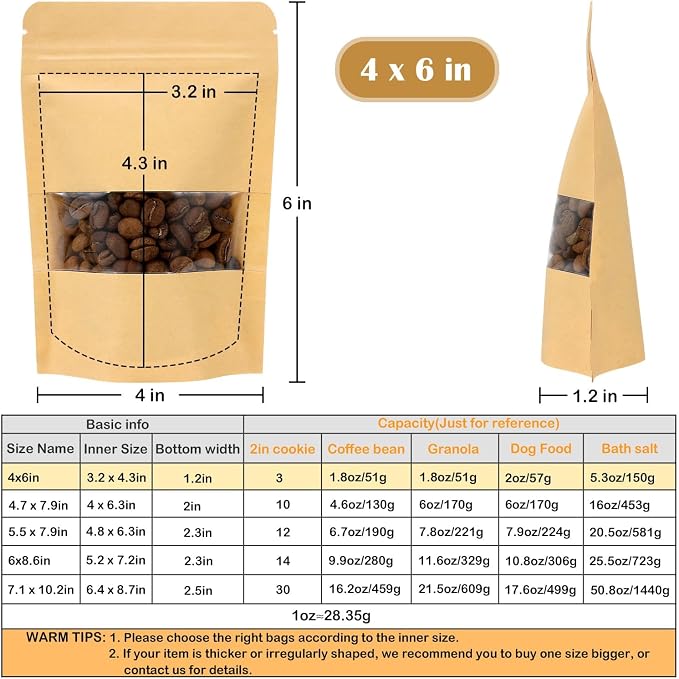 50 Pack Kraft Paper Resealable Bags with Clear Window (4 X 6 Inches) | Heat Sealable Stand Up Pouch Bags with Tear Notches for Small Business, Spices, Granola Storage - Image 2
