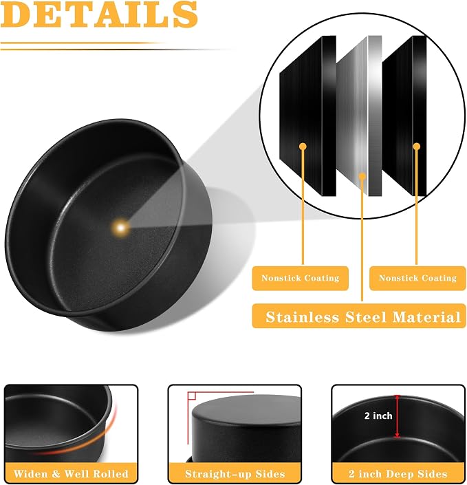 E-far 7 Inch Round Cake Pan Set of 3, Nonstick Stainless Steel Baking Pans Tin, Bakeware for Layer Cakes, Stainless Steel Core & Non-toxic Coating, Straight Side & 2 Inch Deep - Image 3