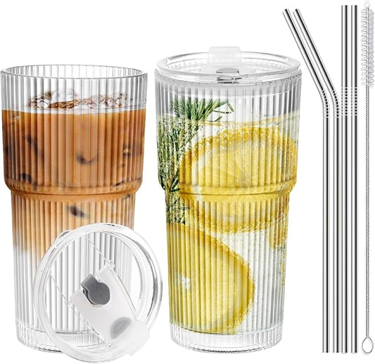 Iced Coffee Cups with Lids and Straws，20 OZ Glass Cups with Lids and Straws, Clear Ribbed Glass Tumbler Reusable Drinking Glasses for Matcha, Smoothie, Cocktail,Latte, 2 Pcs