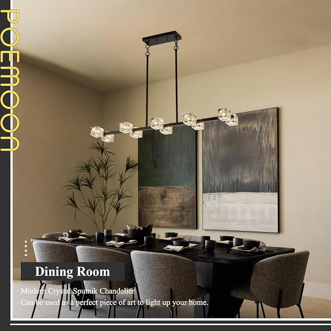 Black Gold Crystal Chandelier 10-Light L 43" Modern Sputnik Ceiling Pendant Light Fixture Industrial Adjustable Hanging Lights for Dining Room Kitchen Island Living Room Bar - Image 4