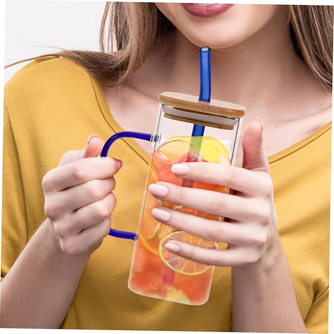 Clear Glass Tumbler with Lid and Straw High Temperature Resistant Transparent Cup for Coffee Milk Tea and Beverages Drinking Glass with Handle for Home Office and Party Use