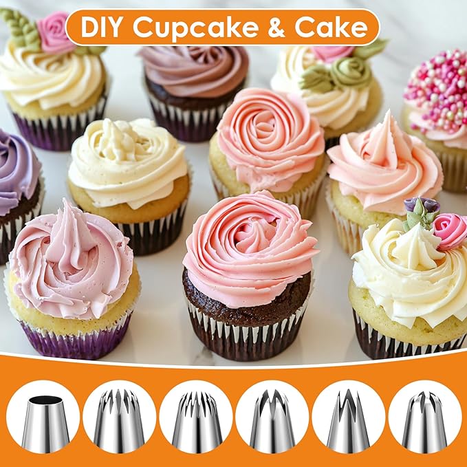6Pcs Large Piping Tips Set, Stainless Steel Cake Decorating Tips, Piping Nozzles Decorating Tip Frosting Icing Tip For Buttercream, Icing, Birthday Cake and Decorating(1M，6B，195，853，1A，D42)