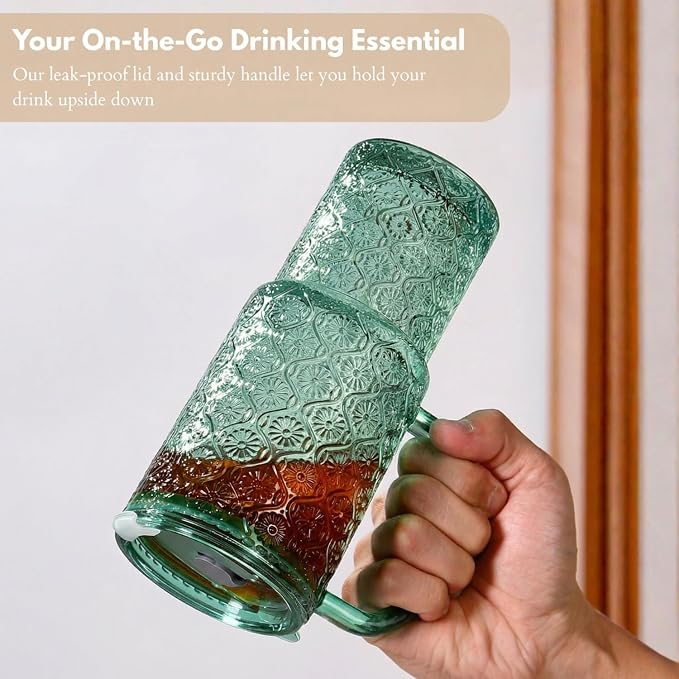 20 oz Green Glass Tumbler with Lid and Straw, Glass Iced Coffee Cups, Spill-proof Glasses Tumbler with Handle, Hobnail Glasses Drinking Set of 2, Vintage Glassware for Cocktail, Smoothies - Image 5