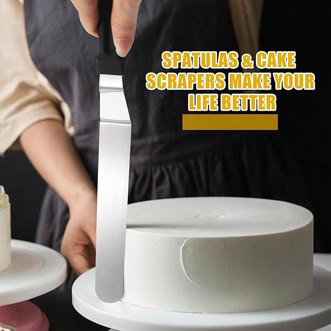 Litoexpe 6 Pack Stainless Steel Icing Spatulas with 3 White Cake Smoother Scrapers, Angled Cake Spatulas Cake Smoother Scrapers, Frosting Offset Spatula Set for Cake Decorating Baking (6", 8", 10")