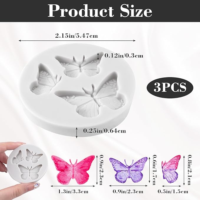 HINZIC 3PCS Mini Butterfly Silicone Molds, Polymer Clay DIY Crafts, Grey | Cute Fondant Cake Baking Chocolate Candy Cupcake Topper Desserts Decoration for Women Valentines - Image 2