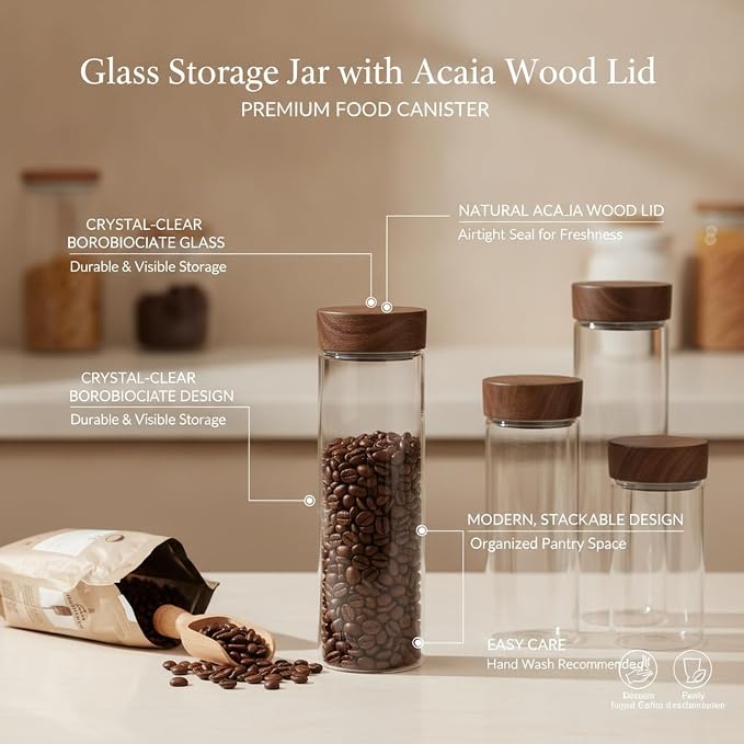 Glass Storage Jar with Acacia Wood Lid, Borosilicate Food Canister for Coffee Beans Tea Sugar Dry Pantry Staples (1 PC) - Image 5
