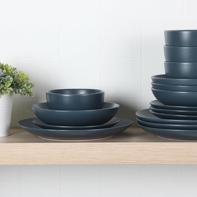 Gibson Home Queenslane 16-Piece Matte Blue Stoneware Dinnerware Set – Double Bowl Plates and Bowls, Durable Kitchen Dinner Set - Image 2