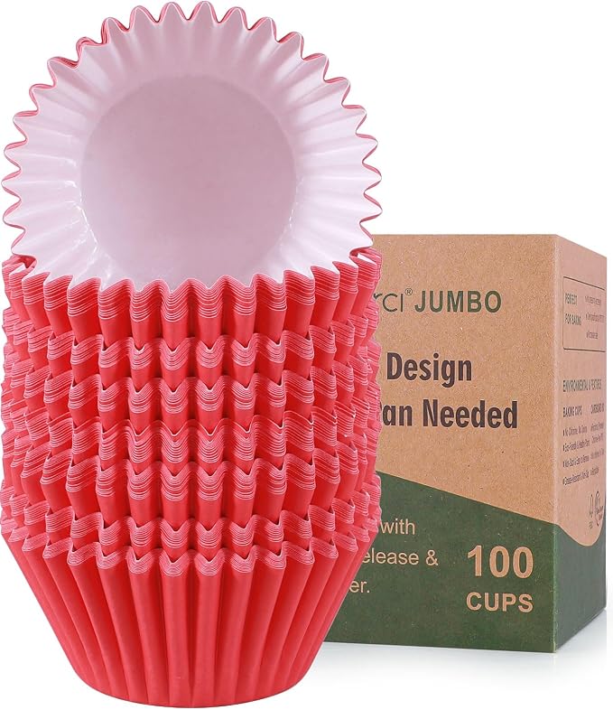 Caperci Heavy Duty Jumbo Cupcake Muffin Liners for Baking - Extra Large 100pcs Grease-Resistant Red Paper Baking Cups, No Muffin Pan Needed, Odorless, Easily Peels (Red) by Caperci
