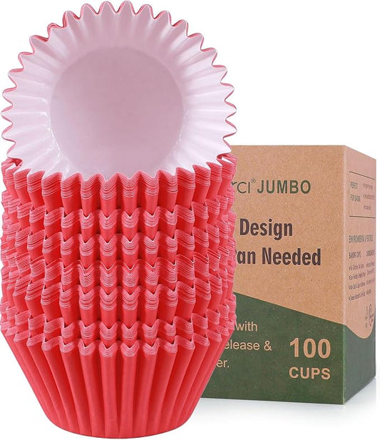 Caperci Heavy Duty Jumbo Cupcake Muffin Liners for Baking - Extra Large 100pcs Grease-Resistant Red Paper Baking Cups, No Muffin Pan Needed, Odorless, Easily Peels (Red) by Caperci